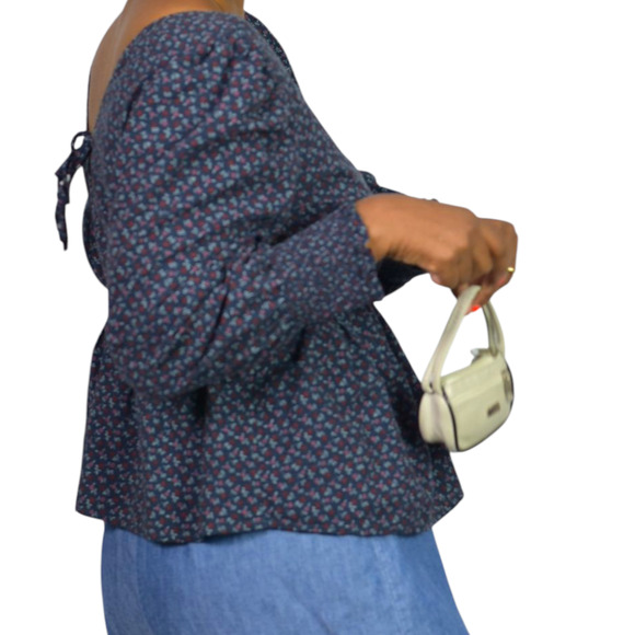 Madewell Tie Back Peplum Top Blue Daisies Floral Ditsy Micro Print Blouse Small - Picture 3 of 16